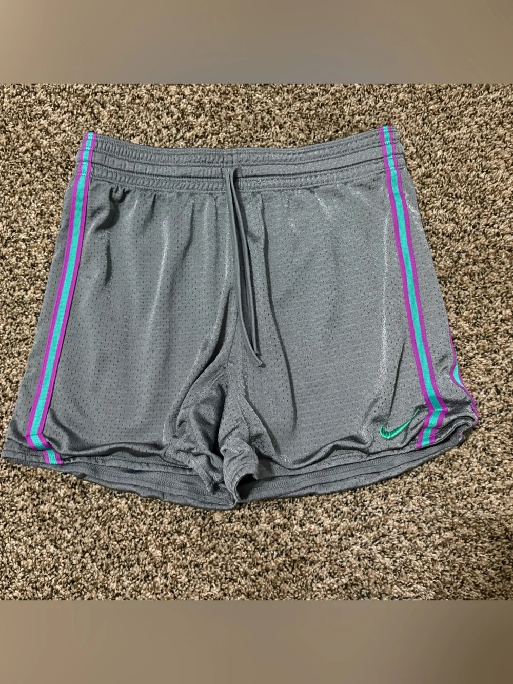 Nike Gray Mesh Athletic Shorts with Purple & Teal Side Stripes